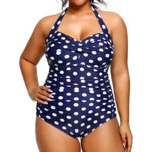 Sweetheart Neckline Halter Design Tummy Control Polka Dot One-Piece Swimsuit 20